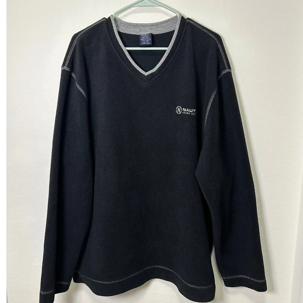 Nautica Jeans Company Vintage Men's‎ Black Fleece V-Neck Pullover Sweater XL